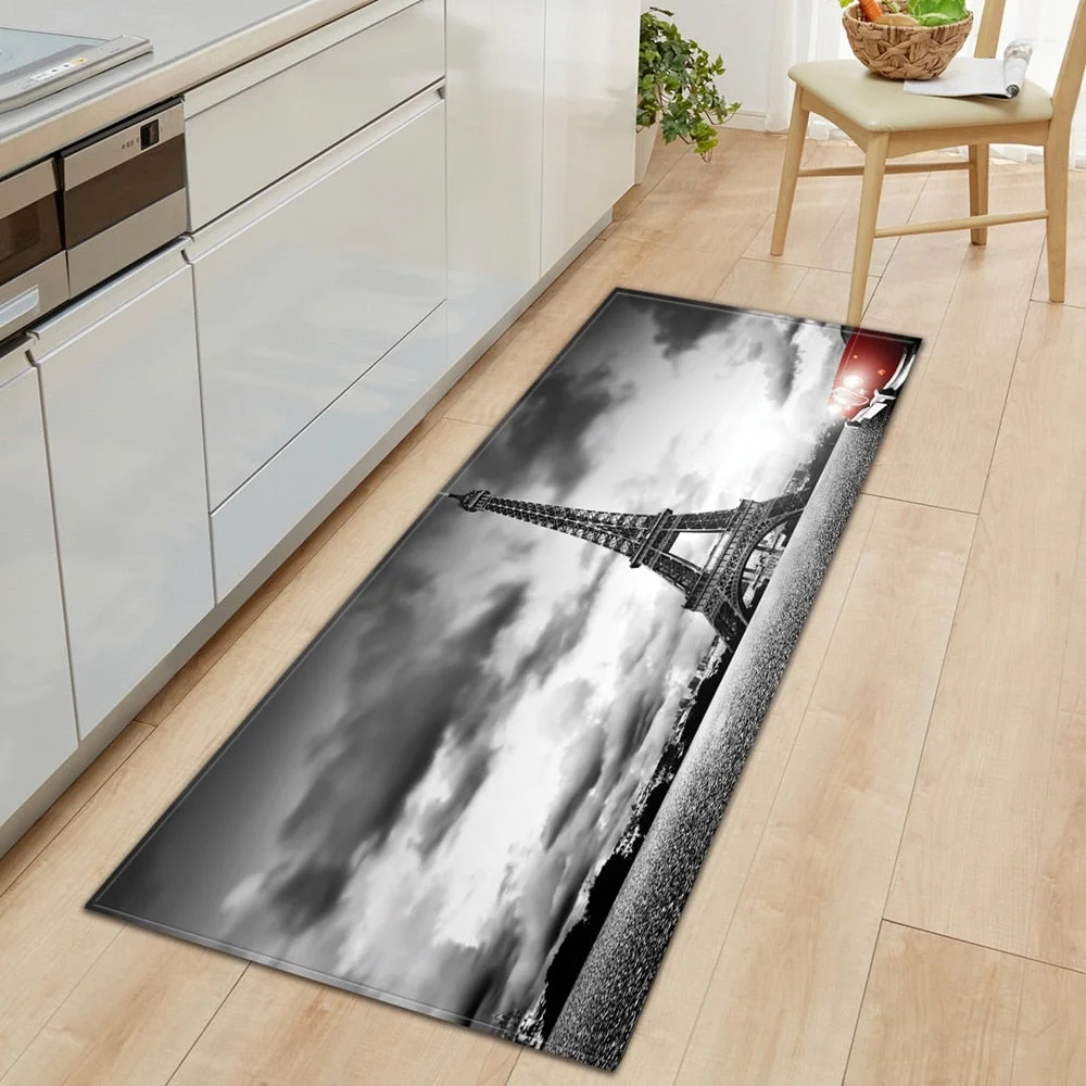 Kitchen Carpet Home Entrance Doormat Bedroom Bedside Eiffel Tower Pattern Decor Floor Rug Hallway Balcony Bathroom Anti-Slip Mat