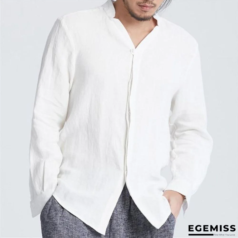 V Neck Solid Color Covered Button Loose Fit Long Sleeve Retro Shirts | EGEMISS