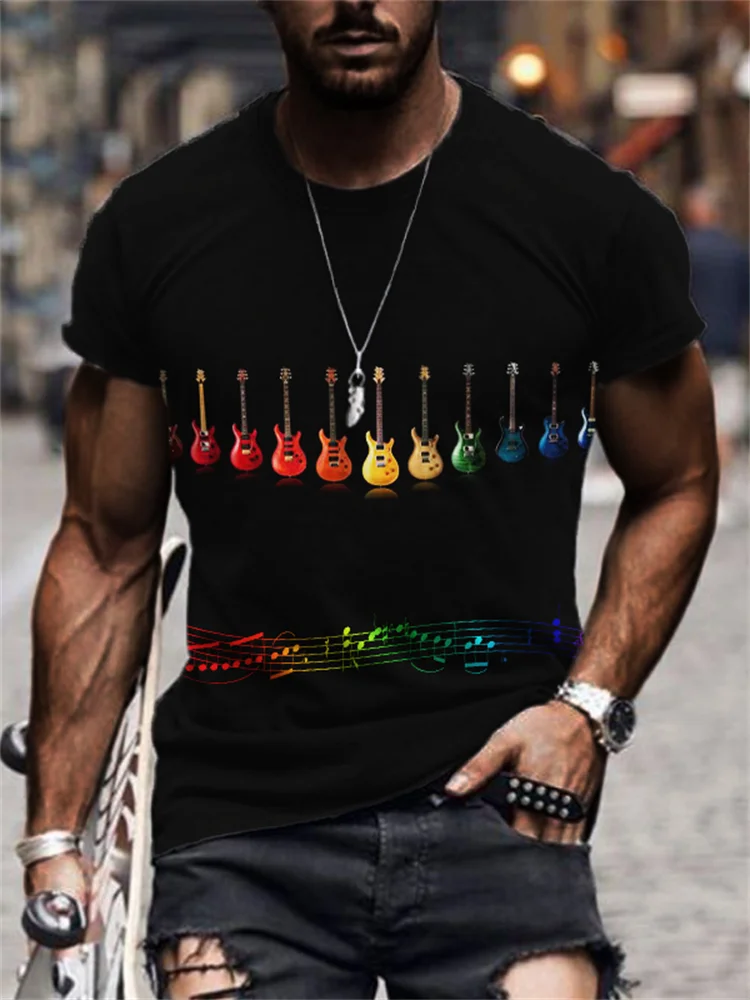 Broswear Men's Rainbow Guitars & Music Notes Graphic T Shirt