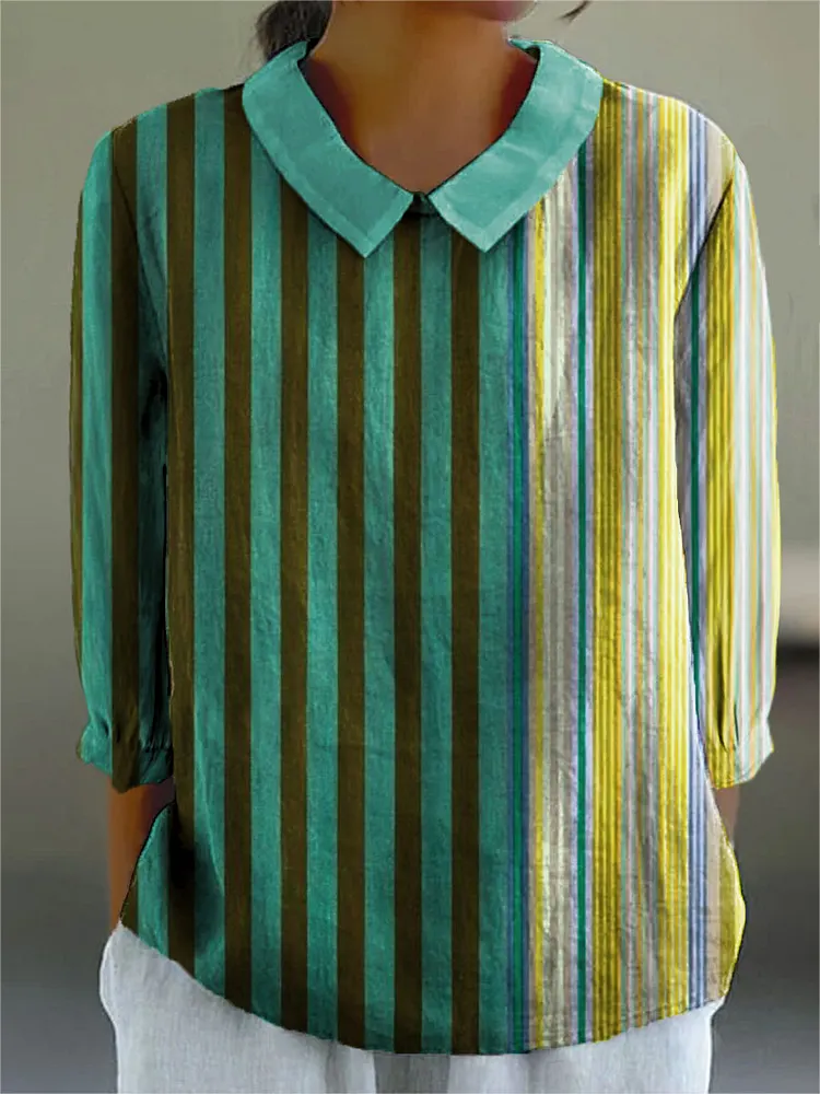 Women's Vintage Colorblock Striped Art Print Casual Cotton And Linen 3/4 Sleeve Shirt