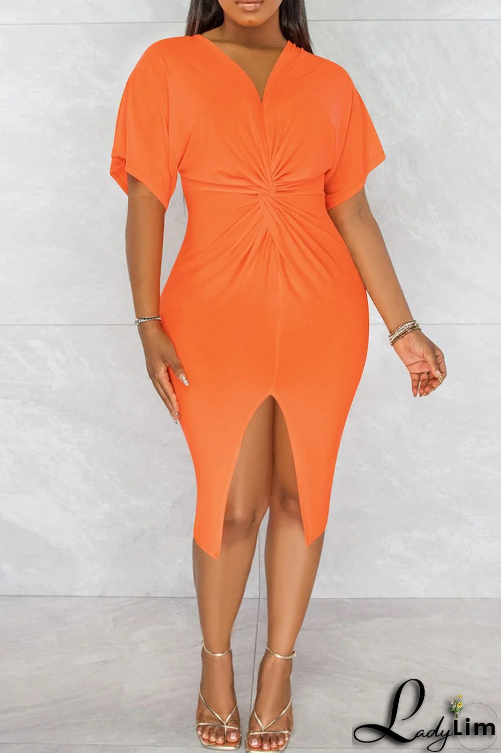 Orange Fashion Casual Solid Patchwork Slit V Neck Short Sleeve Dress