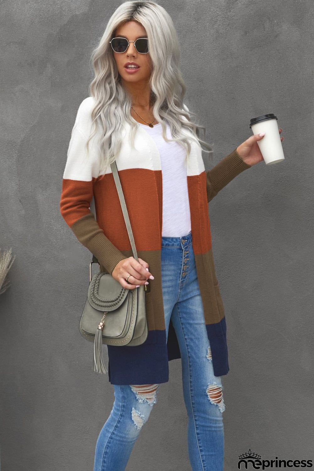 Colorblock Longline Cardigan with Pocket