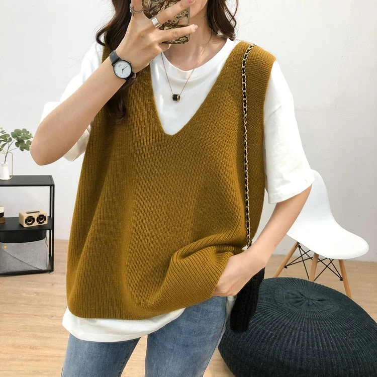Sleeveless Knitted Sweater Vest Women Autumn Winter 2021 Loose Cashmere Pullover Women Sweaters Vintage V-neck Jumper Vest 16798