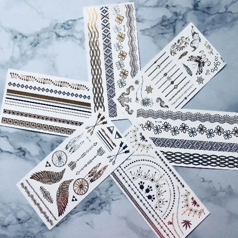 Geometric Shape  Metallic Waterproof Temporary Gold and SilverTattoo Stickers Mobile Phone Waterproof Shiny Bracelet Stickers