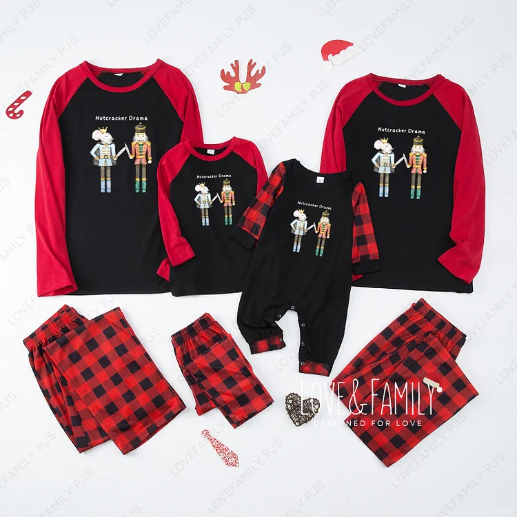 Nutcracker Christmas Family Matching Red Plaid Pajamas Sets(Black)