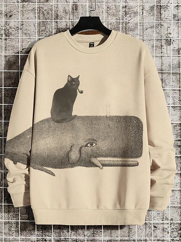 Men's Cat And Whale Art Graphic Print Casual Sweatshirt