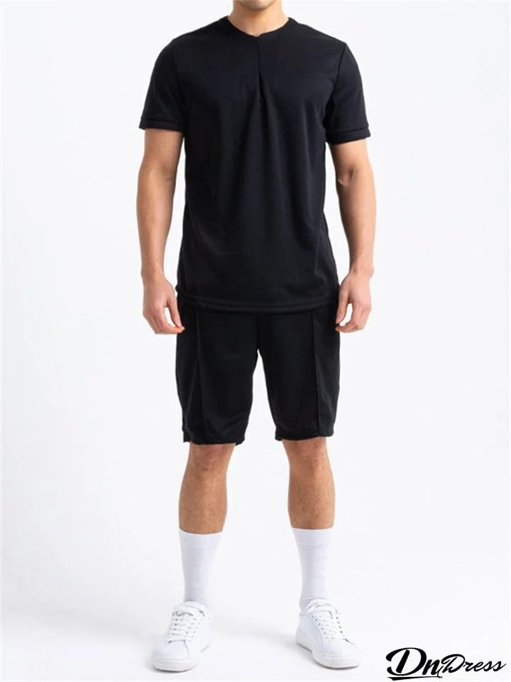 Simple Cozy Solid Color T-shirt+Shorts Male Two-piece Outfits