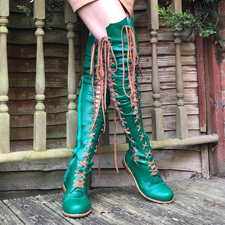 Green Lace Up Boots Strappy Flat Knee High Boots |FSJ Shoes