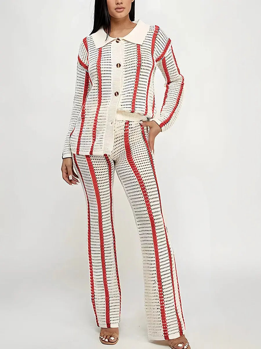 Striped Hollow Knitted Cardigan Suit
