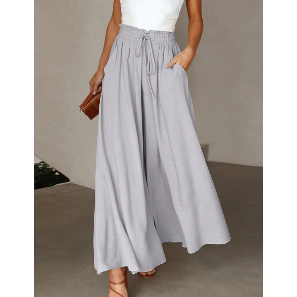 Light Gray Elastic Waistband Wide Leg Long Culottes