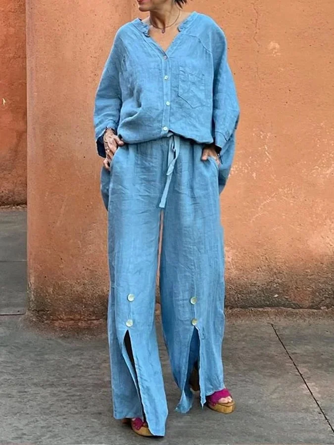 Women's Loose Casual Shirt And Trousers Cotton And Linen Two-Piece Suit