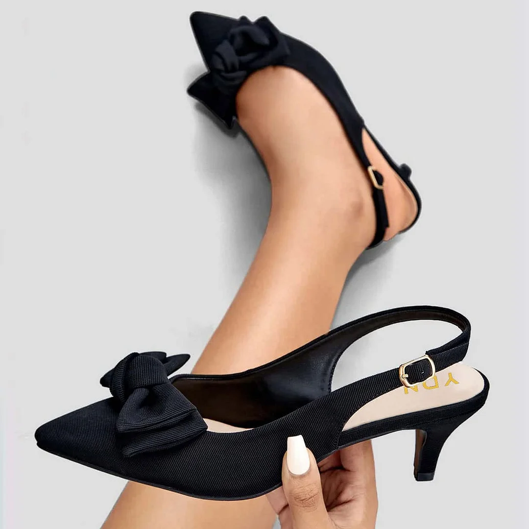Black Kitten Low Heel Bow Pointed Toe Comfort Slingback Shoes