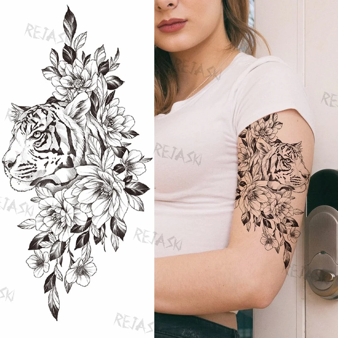 Sdrawing Big Lion Crown Temporary Tattoos For Men Women Tiger Flower Cross Skull Realistic Fake Tattoo Body Art Tatoo Sticker