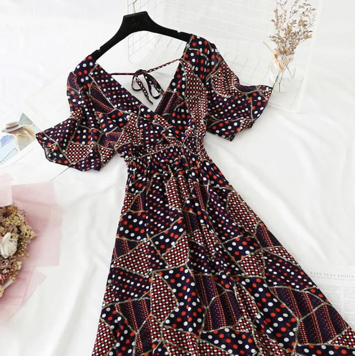 Summer Dress Vintage Floral Ruffles Women Print Short sleeve Chiffon Boho Dresses Mid-calf A-line Backless Sexy Dress Vestidos