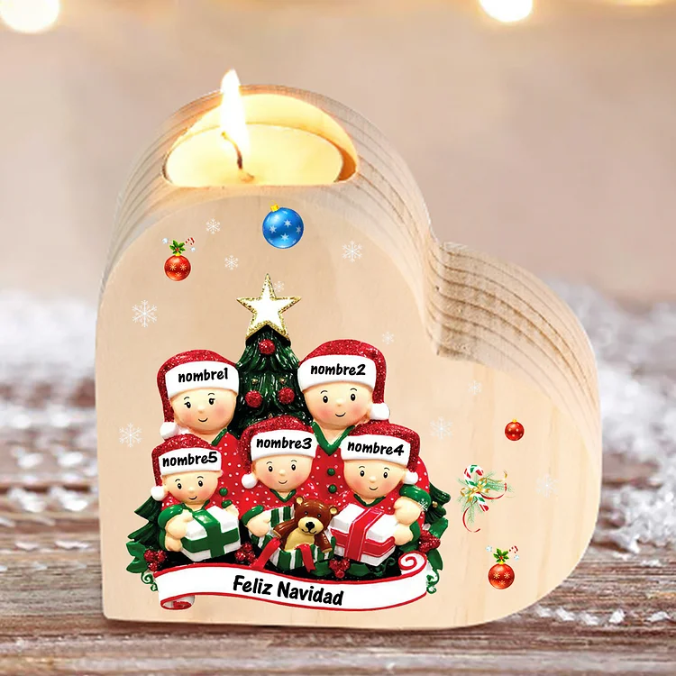 Navidad - Candelero de corazón de madera familia de 5 muñecos personalizado con 5 nombres y 1 texto sin vela