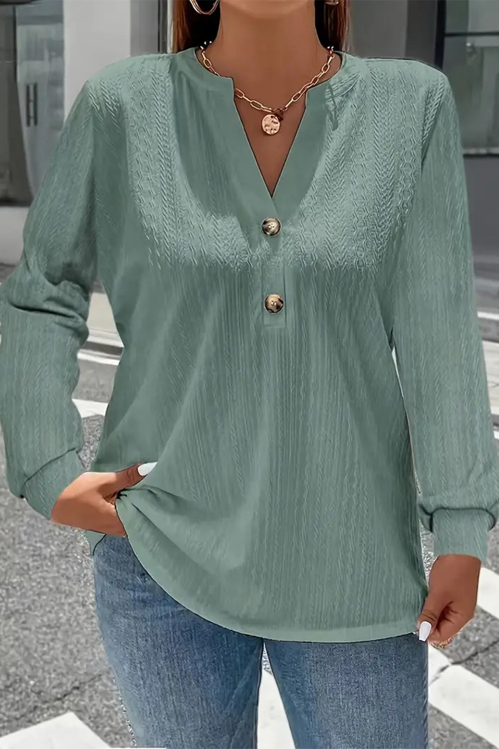 Plus Size Everyday Sage Green Textured Button Long Sleeve Blouse 2024 - Flycurvy 