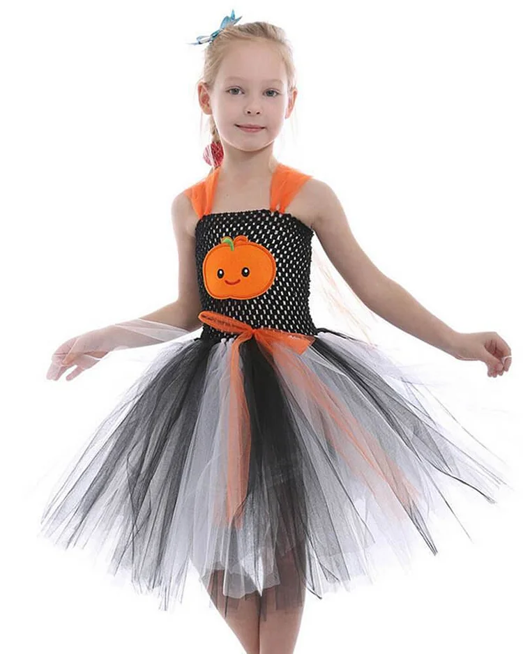 Girls Halter Pumpkin Tulle Dress Party Dance School Play Costume-Mayoulove