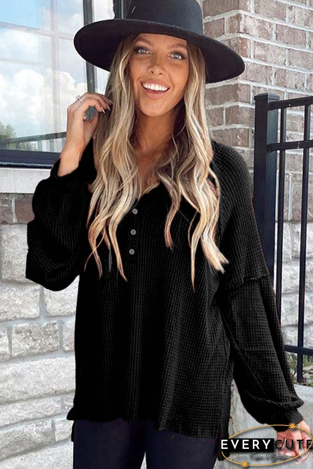 Black Buttoned V Neck Drop Shoulder Waffle Knit Top