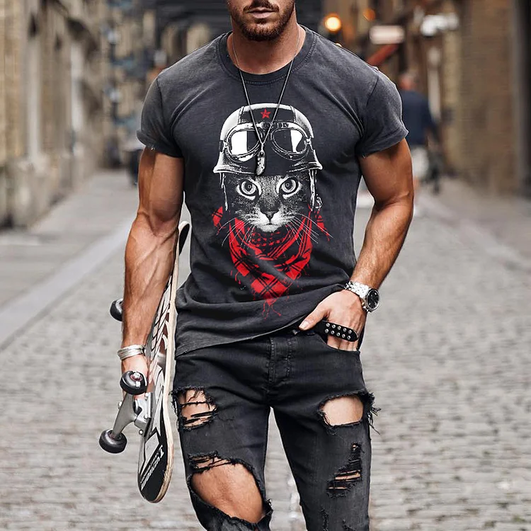 Men's Casual Loose Cozy Helmet Cat Graphic T-Shirt