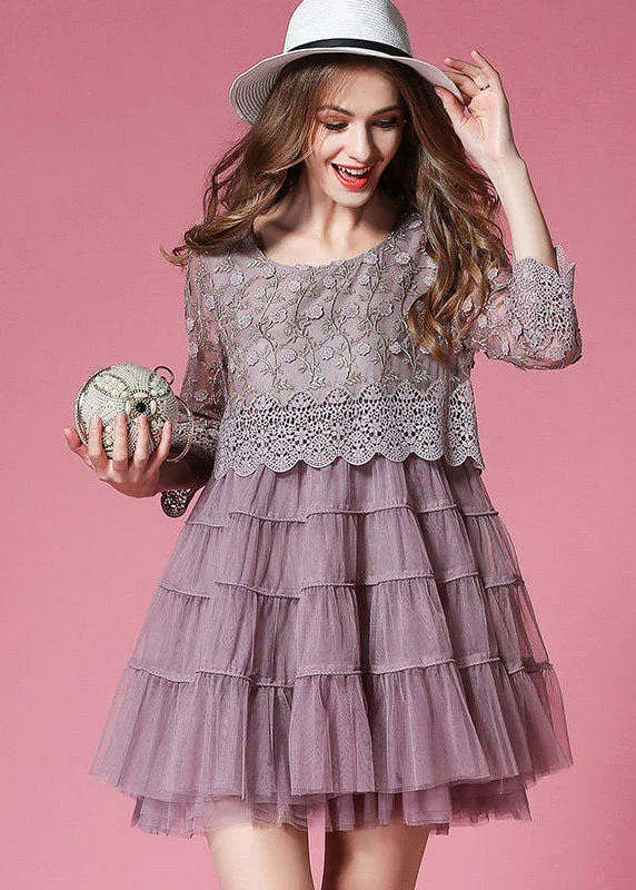 Purple Tulle Dress Hollow Out Embroideried Patchwork Spring
