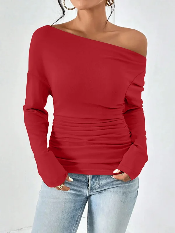 Solid Color Long Sleeves Skinny One-Shoulder T-Shirts Tops