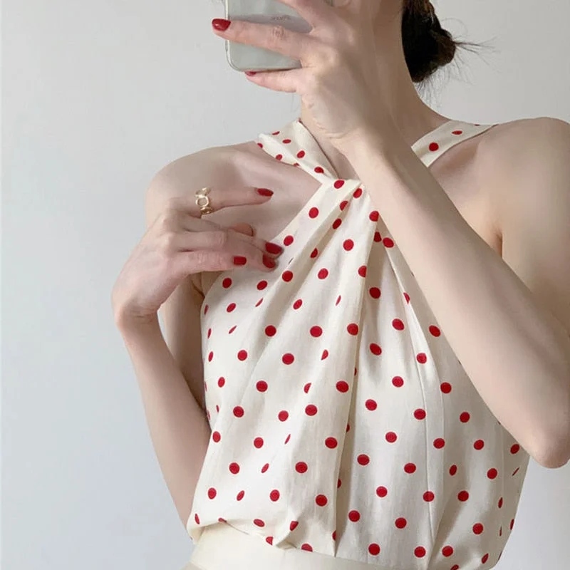 Sexy Sweet Backless Camis Women Summer Korean Polka Dot Twist Halterneck Vest Female Casual Chiffon Tops