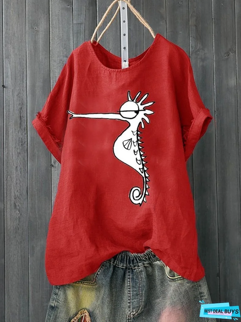 Short-sleeved Casual Breathable Cotton T-shirt for Hippocampal Printing