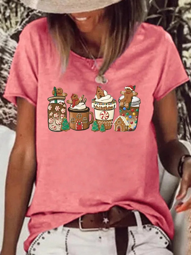 Short Sleeve Loose Gingerbread Letter Printed T-shirt