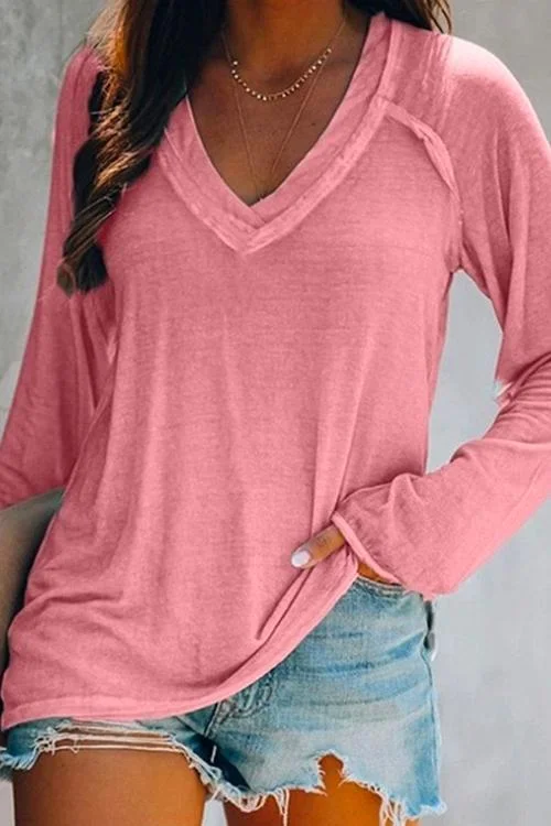 Kelsidress Solid V Neck Long Sleeve Plain Shirt