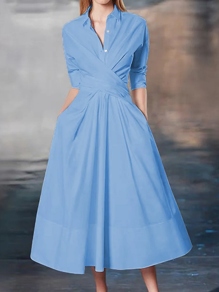 Elegant Wraped Pleated Button Long Sleeve Lapel A-Line Midi Dress