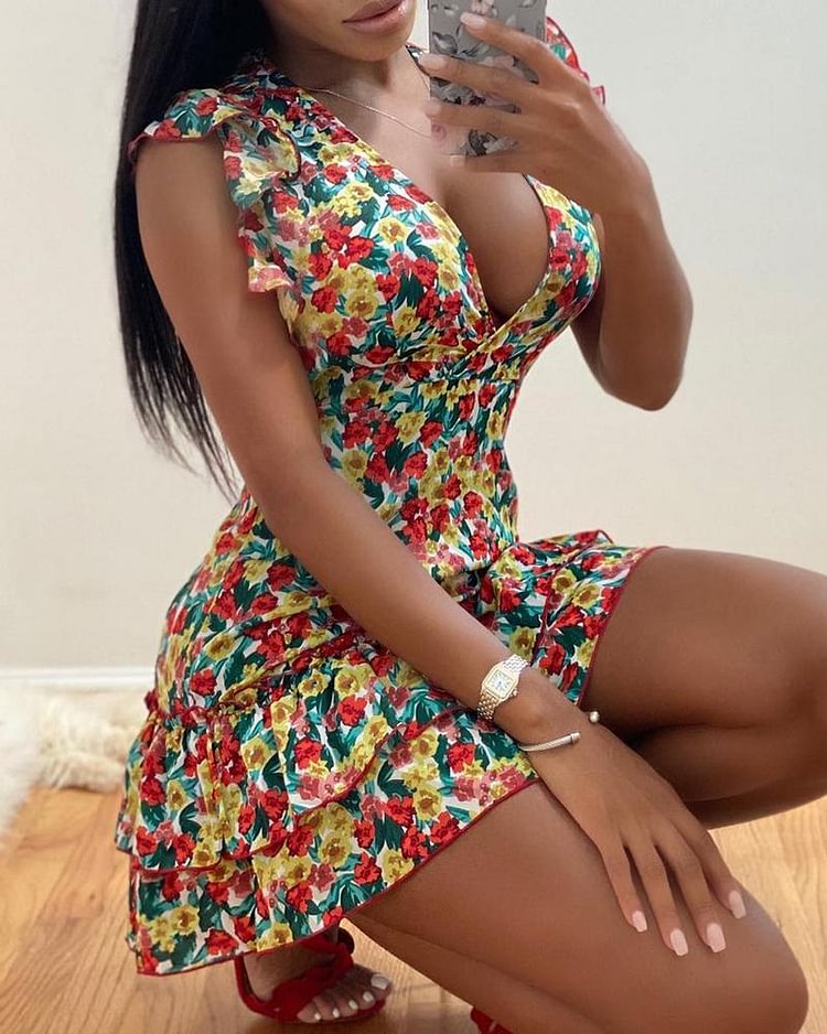 Floral Print Ruffles Trim Flutter Sleeve Casual Dress - Shop Trendy Women's Clothing | LoverChic