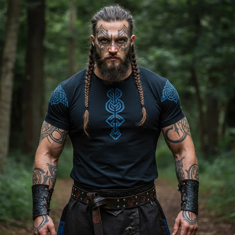 Vintage Viking Rune Print Round Neck Short Sleeve T-shirt