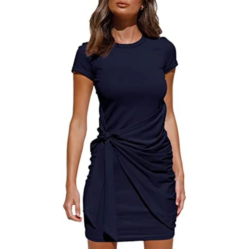 Women Dress Short Sleeved Round Neck Belt Dress