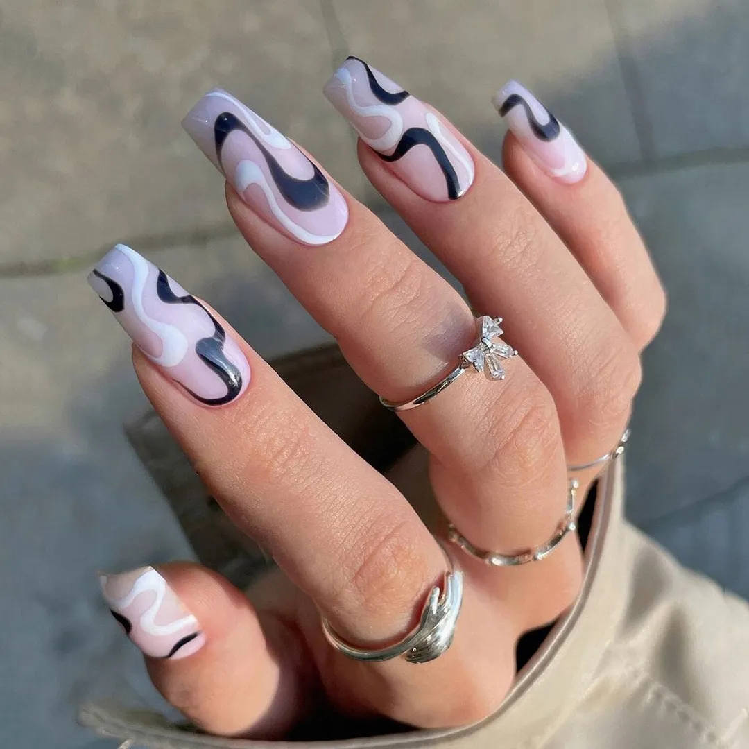 24Pcs Detachable Long Ballerina French False Nails With Design Leopard Wearable Fake Nails Wavy Line Flame Full Cover Nail Tips-Nail Inspo