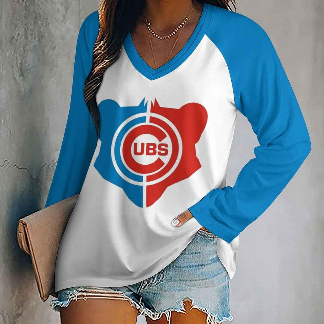 V-neck Long Sleeve Casual T-shirt for  Women and Men Printed with Pattern,Blue,Red