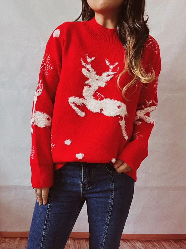 Women's Christmas Tree Fawn Festive Long Sleeve Crew Neck Knit Pullover New Year Christmas Sweater Flusfy