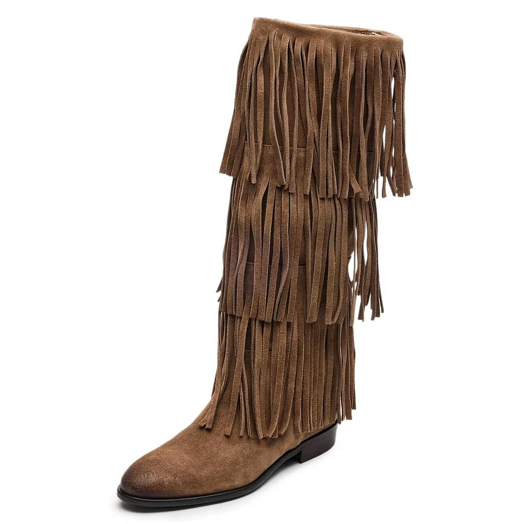 Vegan Suede Closed Toe Fringe Mid-Calf Women's Flat Boots in Khaki