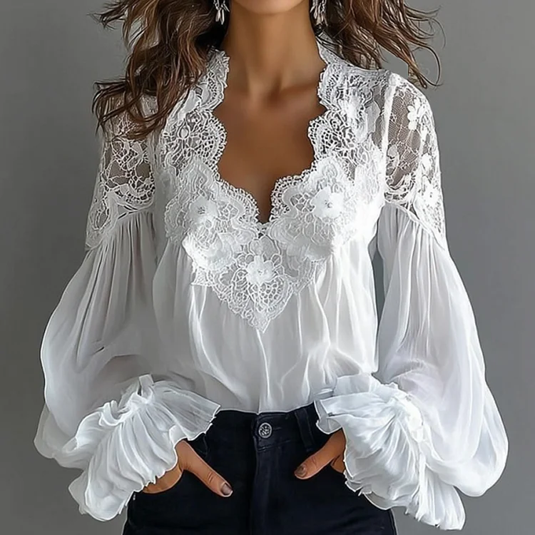 Ursime Lace Floral Scallop Neck Lantern Sleeve Ruffled Cuff Blouse