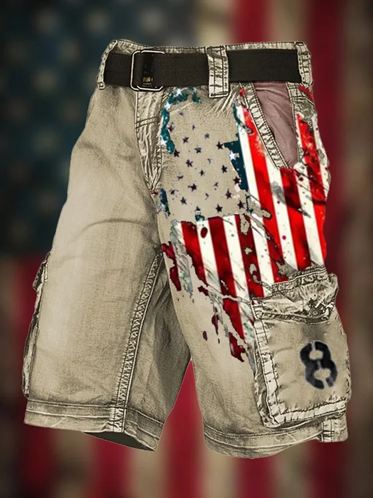 Men's Retro Flag Independence Day Contrast Multi-Pocket Print Cargo Shorts