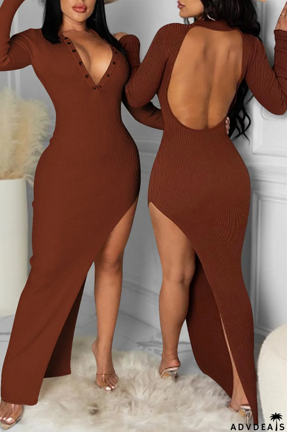 Brown Fashion Sexy Solid Backless V Neck Long Sleeve Dresses
