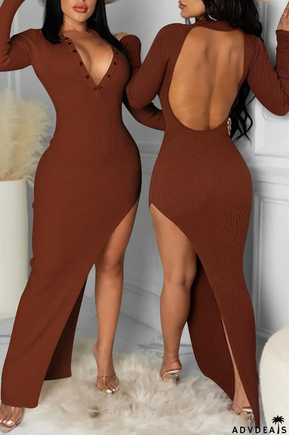 Brown Fashion Sexy Solid Backless V Neck Long Sleeve Dresses