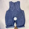 Baby Easter Outfit Denim Overall Pants Bunny Ear Romper with Pom Pom Tail Jeans Jumpsuit Cute Rabbit Ear Overalls for Toddler Boy Girl