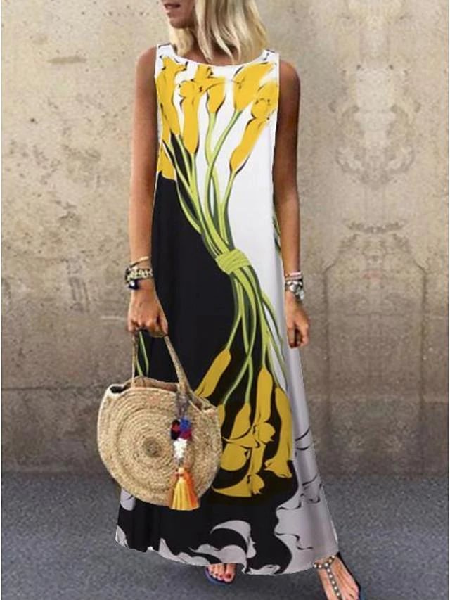 Women's A-Line Dress Maxi Long Dress - Sleeveless Floral Print Spring & Summer Plus Size Hot Casual Holiday Vacation Dresses Yellow