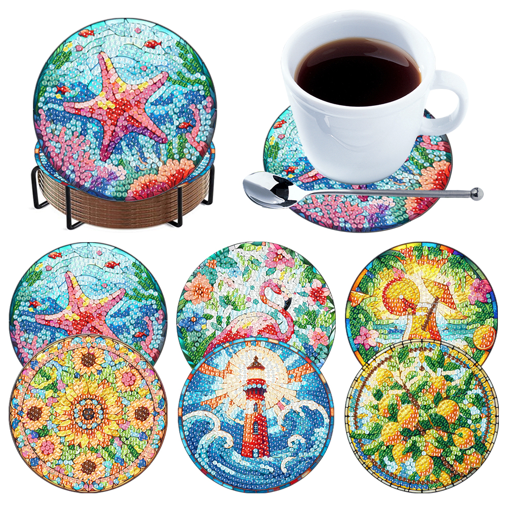 6 Pcs Diamond Art Coasters Set DIY Diamond Painting Coasters Kits (Summer)