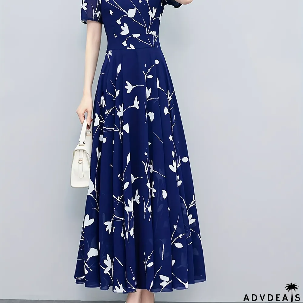 Floral Print Pleated Dress, Casual High Waist Short Sleeve V Neck Maxi Dress, Women's Clothing