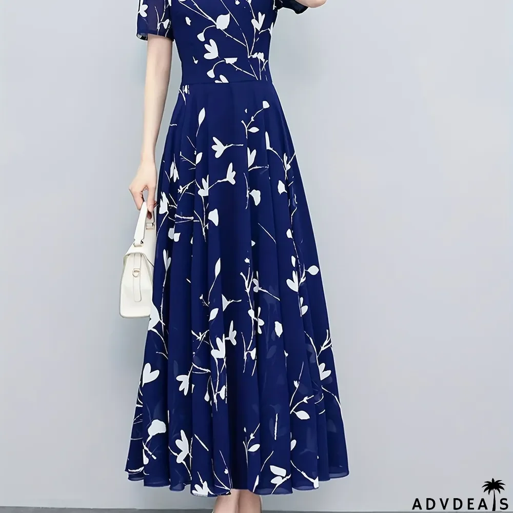 Floral Print Pleated Dress, Casual High Waist Short Sleeve V Neck Maxi Dress, Women's Clothing