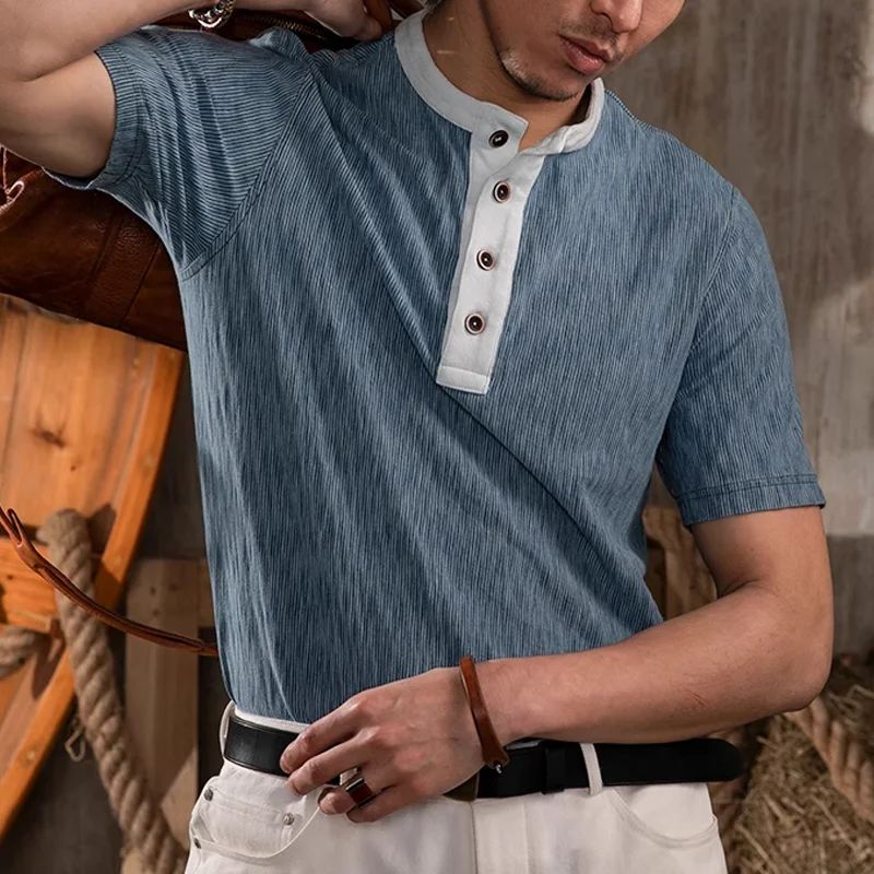American Retro Henley Collar Casual Striped Short Sleeve T-Shirt