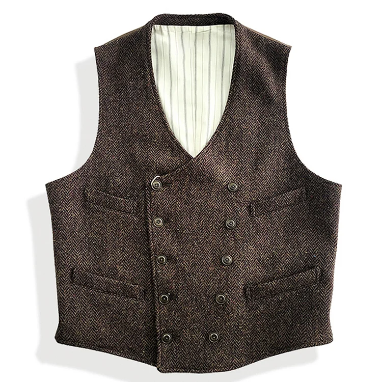 Vintage Gentleman's Wool Herringbone Double-Breasted Vest