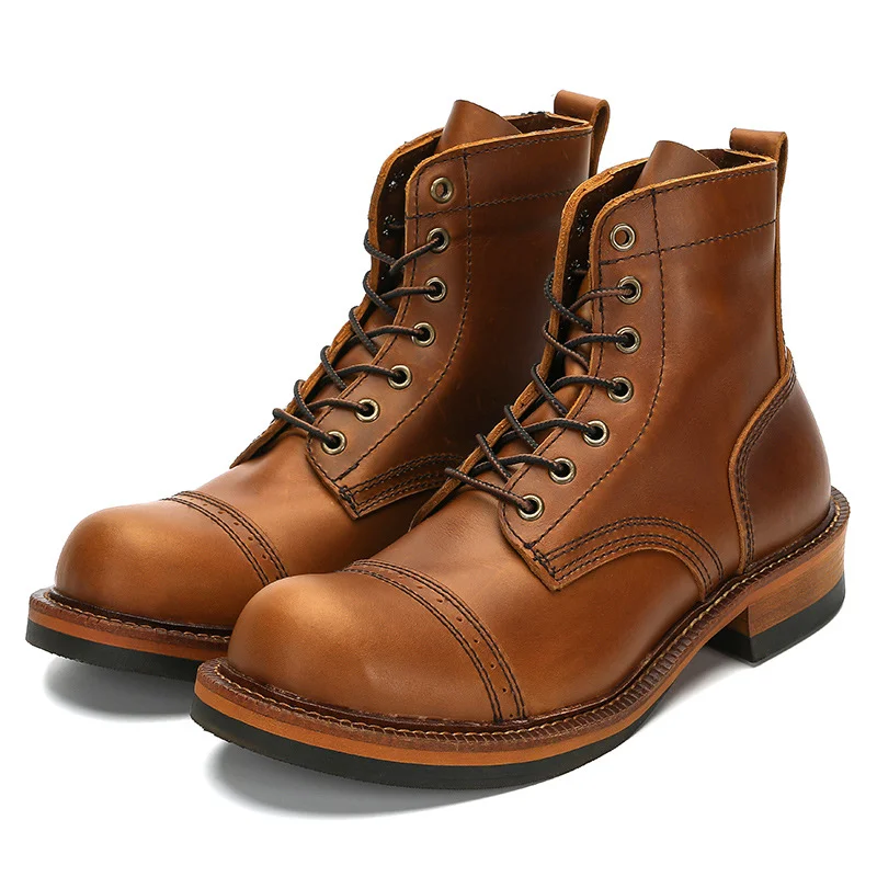 Genuine Genuine Leather Lace-Up Vintage High Quality Tooling White Ankle Boots Motorcycle Boots | EGEMISS