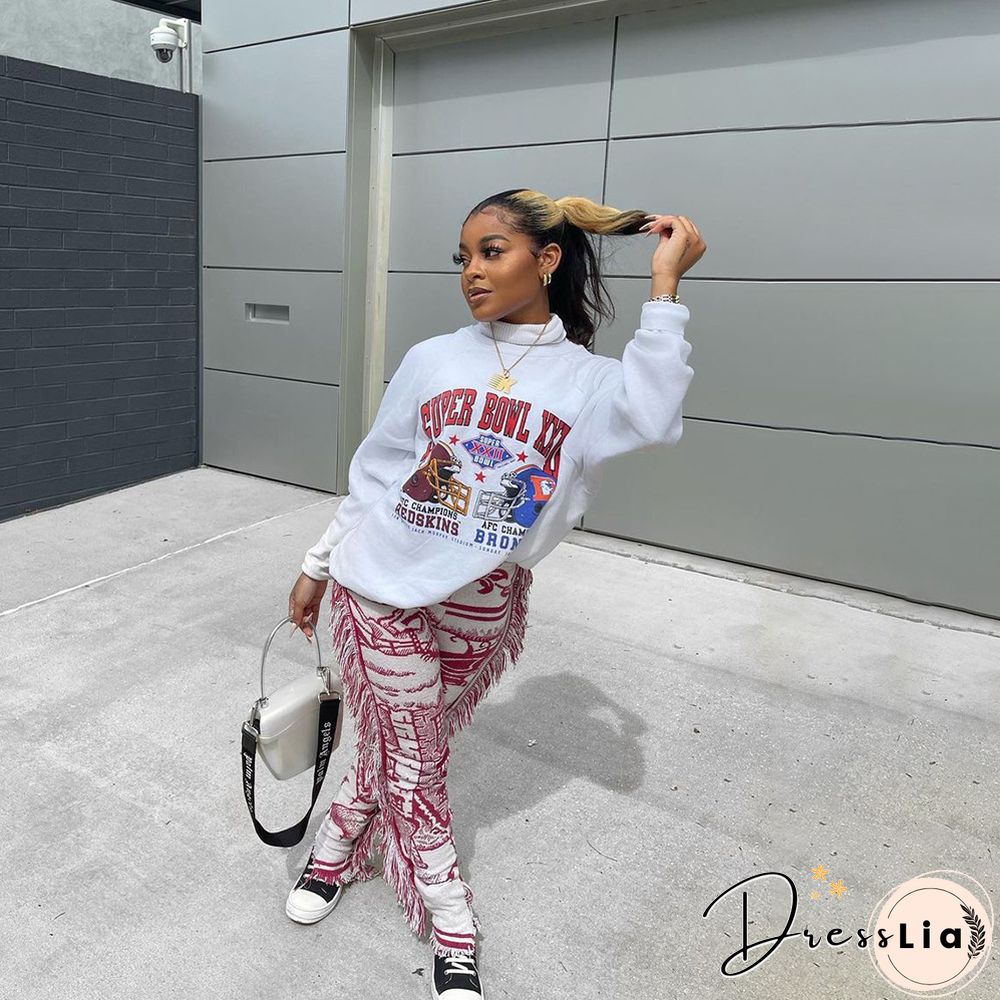 Side Tassels Patchwork Elastic Waist Women Print Jogger Pant